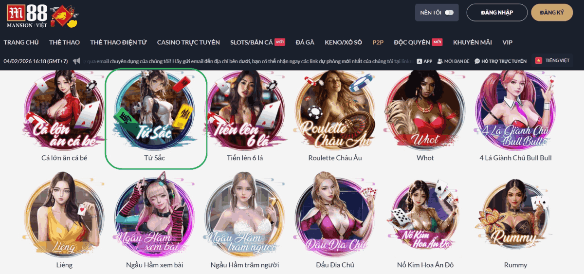 chơi game bài tứ sắc M88